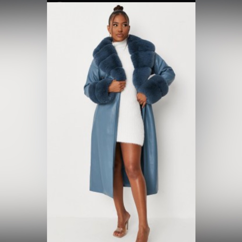 Muted Blue Vegan Leather Coat with "Fur"Trim